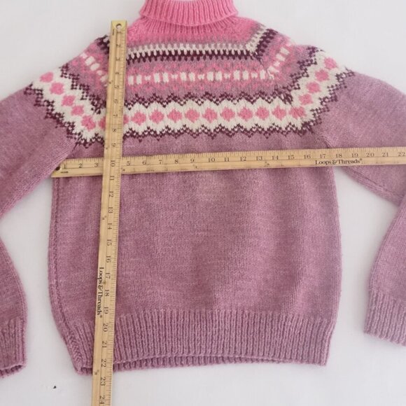 Hand Knit Pink Purple Winter Fisherman Fair Isle Turtleneck Wool Sweater S - Picture 4 of 11